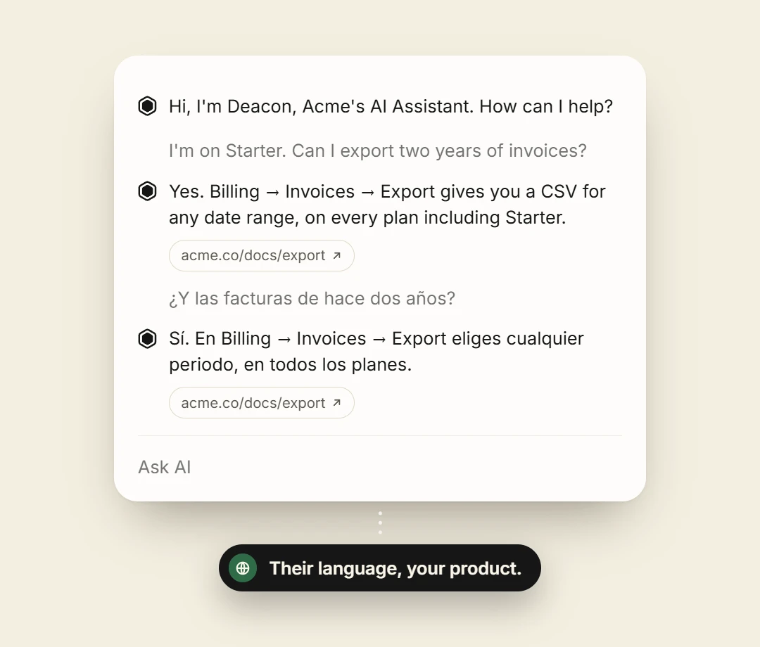 The Deacon widget answering a question about exporting invoices, first in English with a link to the docs page, then the same question asked and answered in Spanish.