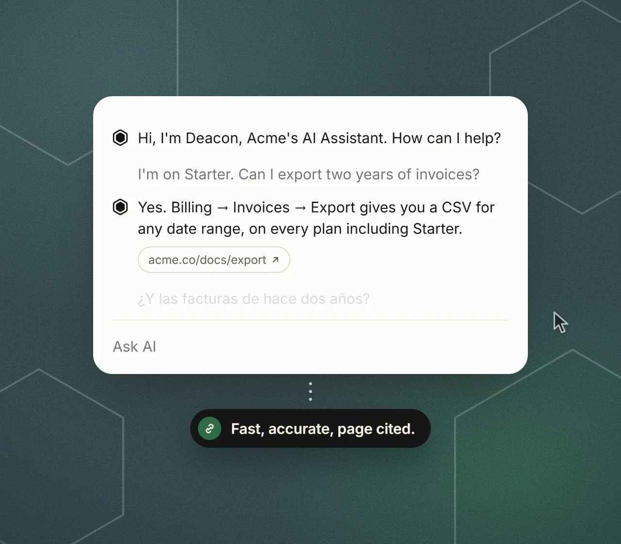 The Deacon widget answering a customer, in English and then in Spanish, handing over a question it cannot answer, the founder answering it once, and the analytics that follow.